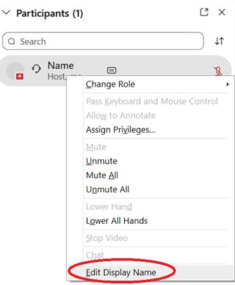 Image of Webex drop down list which shows Edit Display Name option