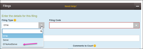 However, to complete eservice, filers must select “EFileAndServe,” and then select the parties to be served.