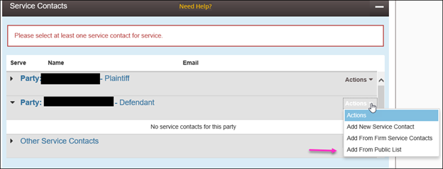 Click Actions next to party and then select “Add From Public List” to add the attorney’s service contact information.